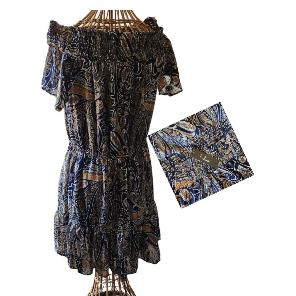 Lulu's Summer Dress Off the Shoulder Multicolor Gold Shiny Seams Lined Large NEW